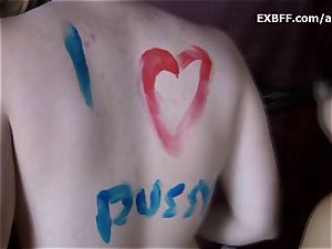 Collared hairy unexperienced gets body painted by girlfriend